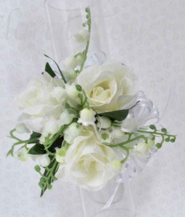 Lily of the valley and rose pin on corsage, wrist corsage